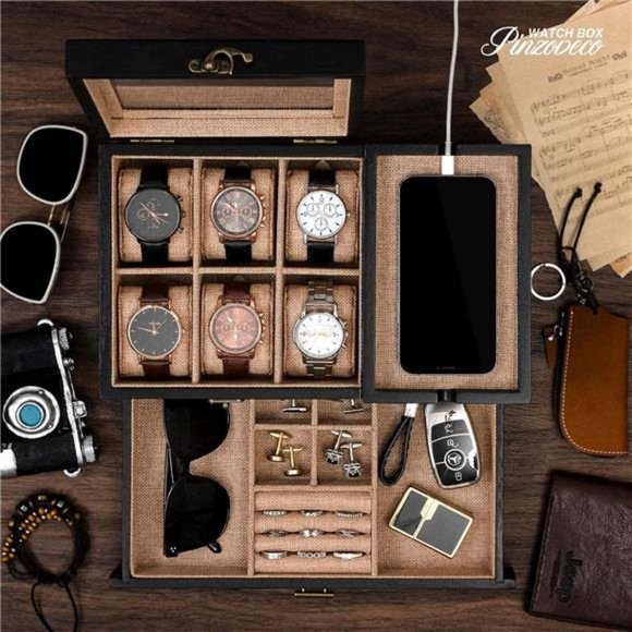 Watch Box Organizer for Men, 6 Slot Watch Case for Men Display & Storage Watch - Picture 6 of 7